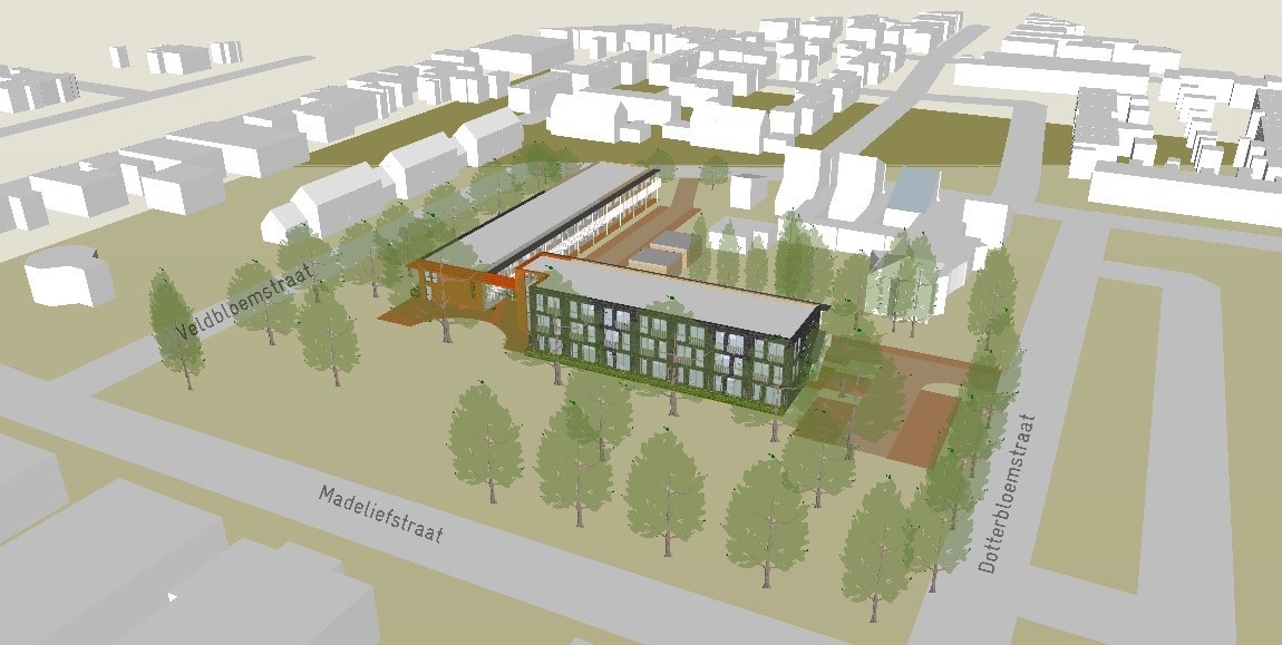 Artists impression nieuwsbouw in vogelvlucht Veldbloemstraat Nieuw Vennep