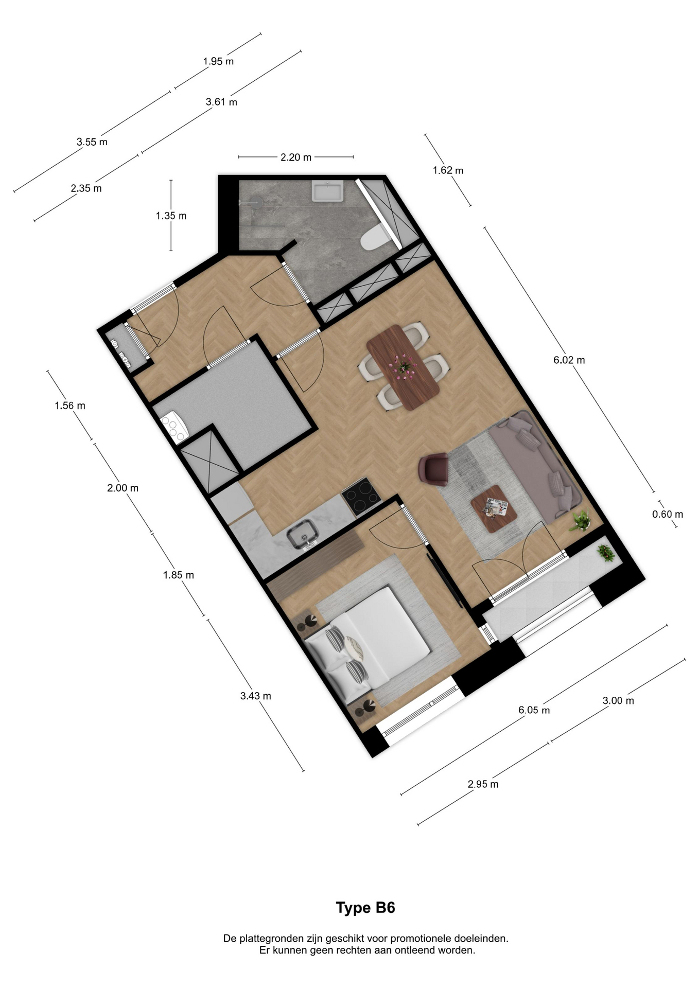 Voorbeeldplattegrond 2-kamerwoning type B6