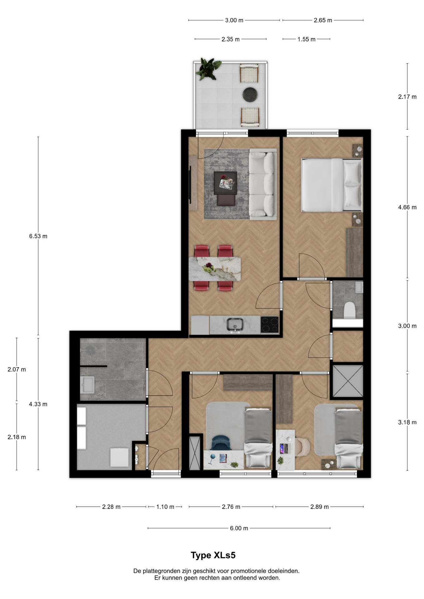 Voorbeeldplattegrond 3-kamerwoning type XLs5