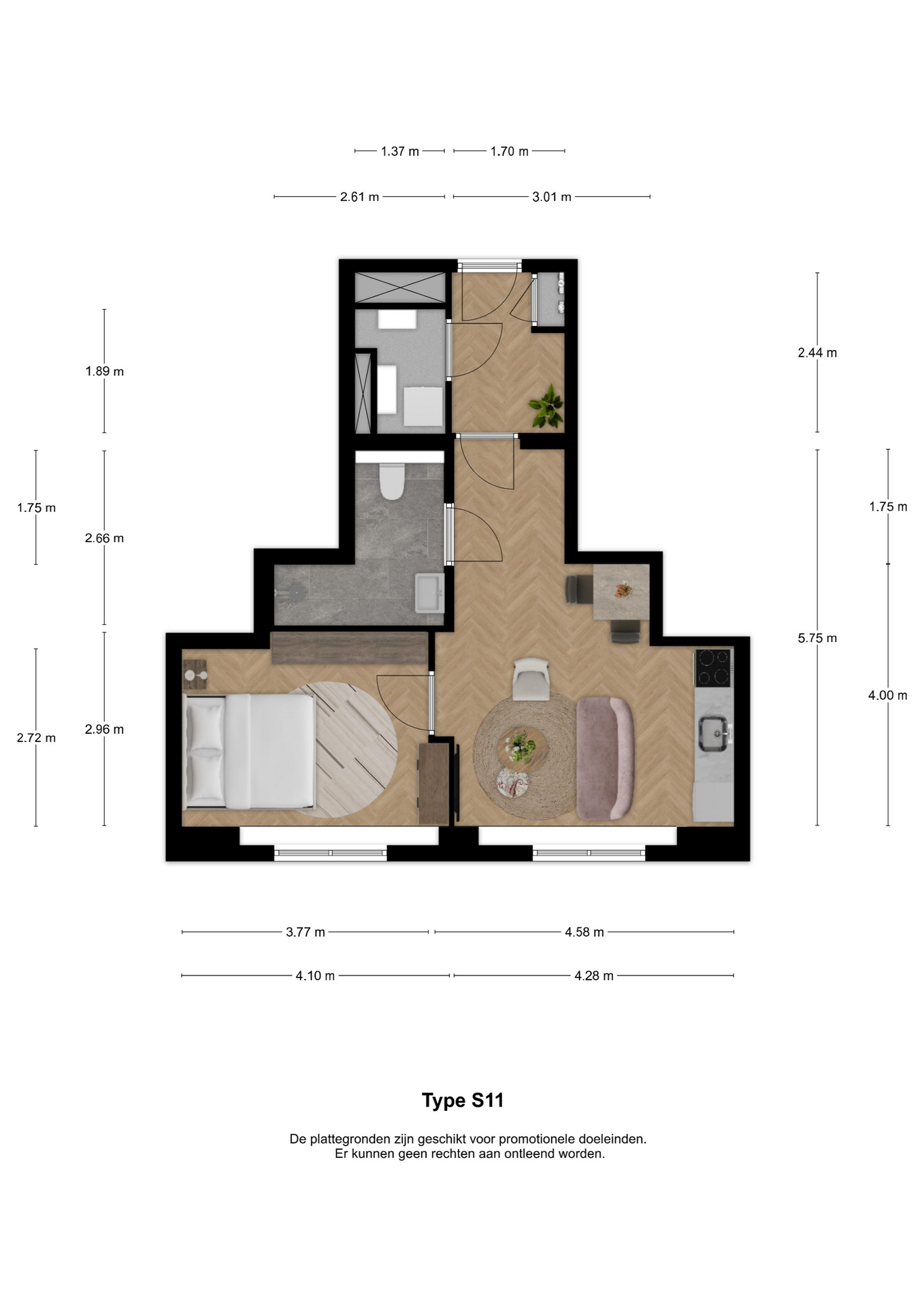Voorbeeldplattegrond 2-kamerwoning type S11