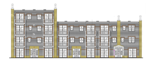 Tekening van het woongebouw