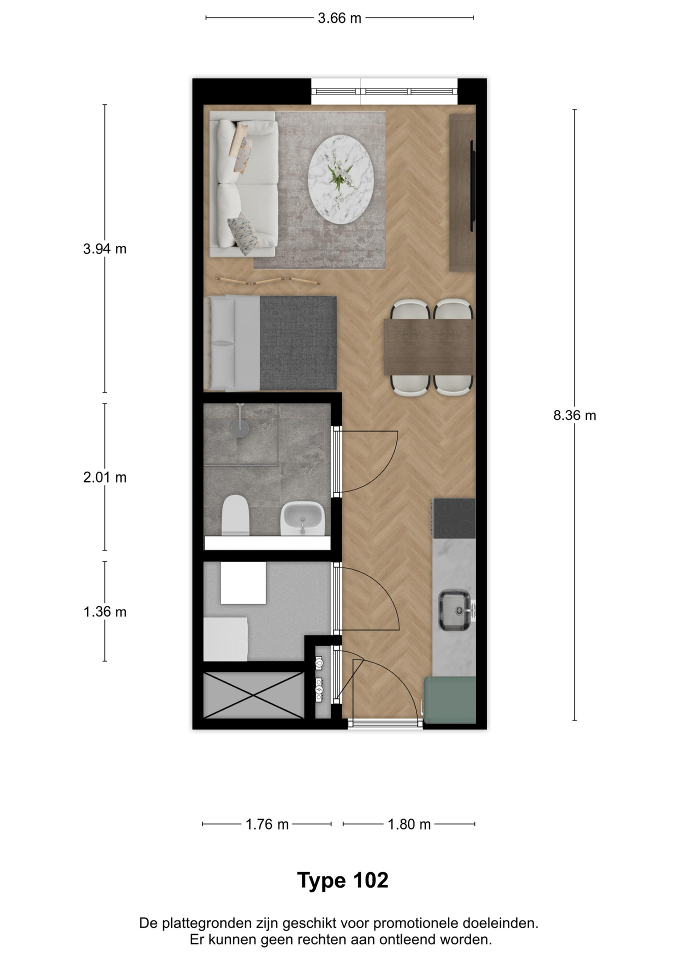 Voorbeeldplattegrond van een eenkamerwoning