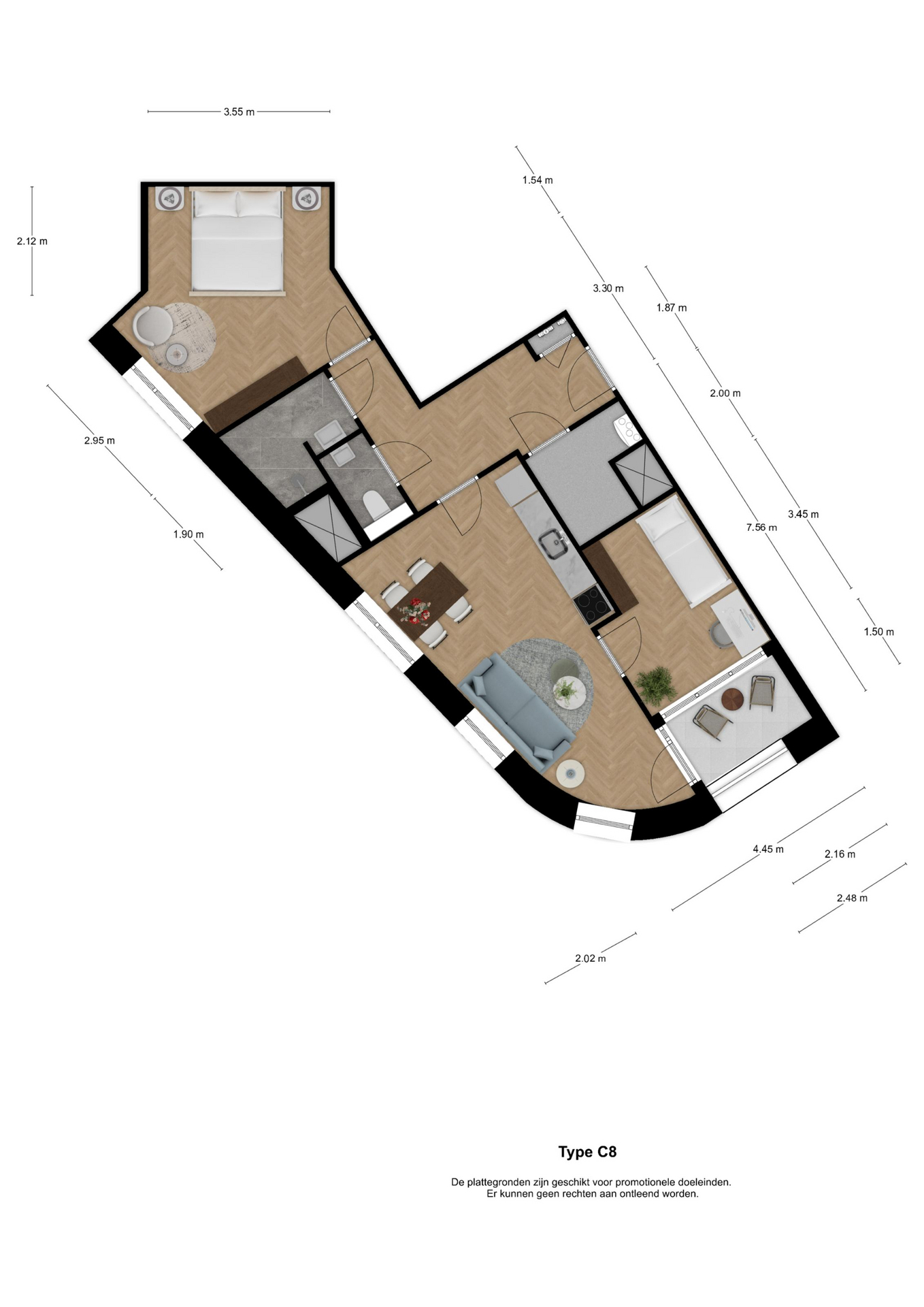 Voorbeeldplattegrond 3-kamerwoning type C8