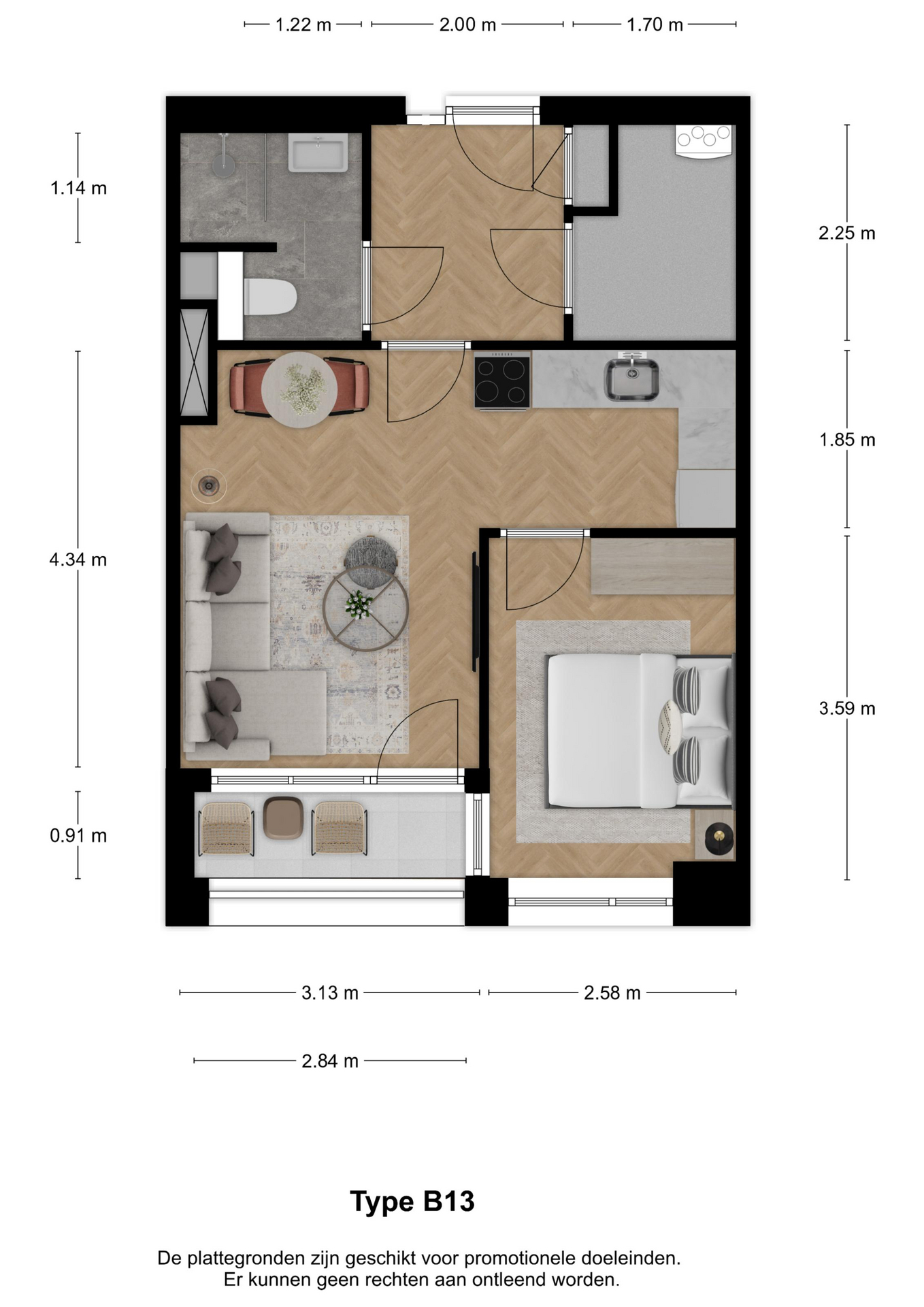 Voorbeeldplattegrond 2-kamerwoning type B13