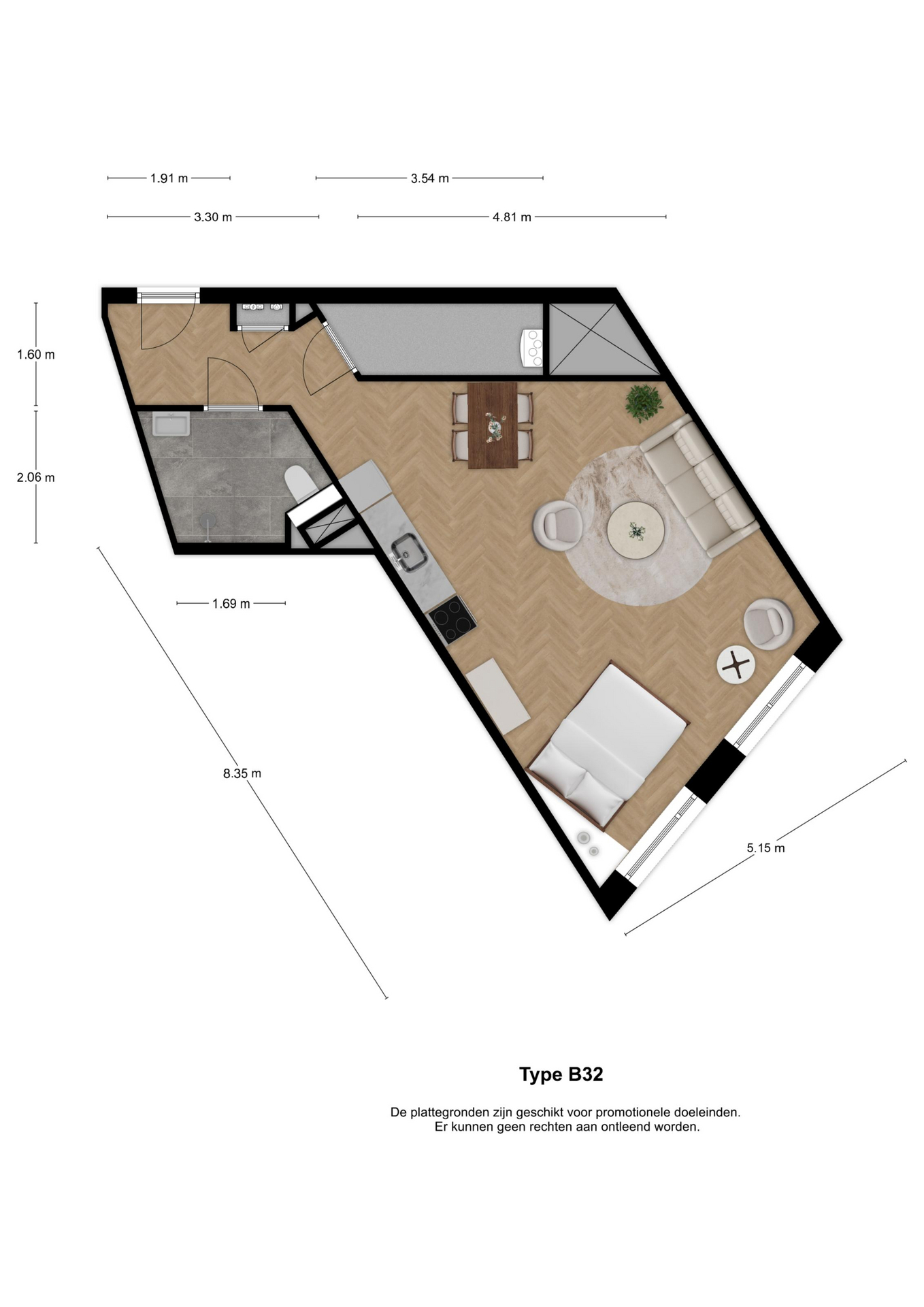 Voorbeeldplattegrond 1-kamerwoning type B32