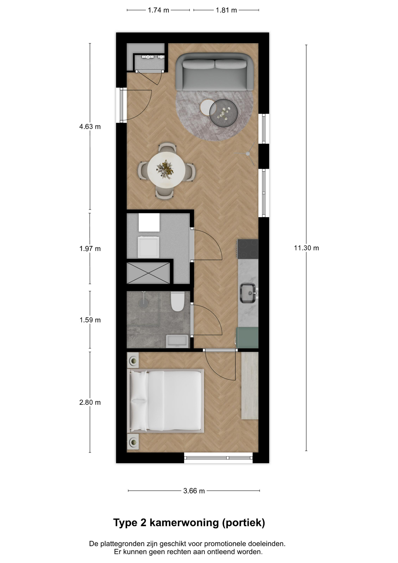 Voorbeeldplattegrond van een tweekamerwoning in woongebouwen Dribbel, Voorzet, Panna en Omhaal