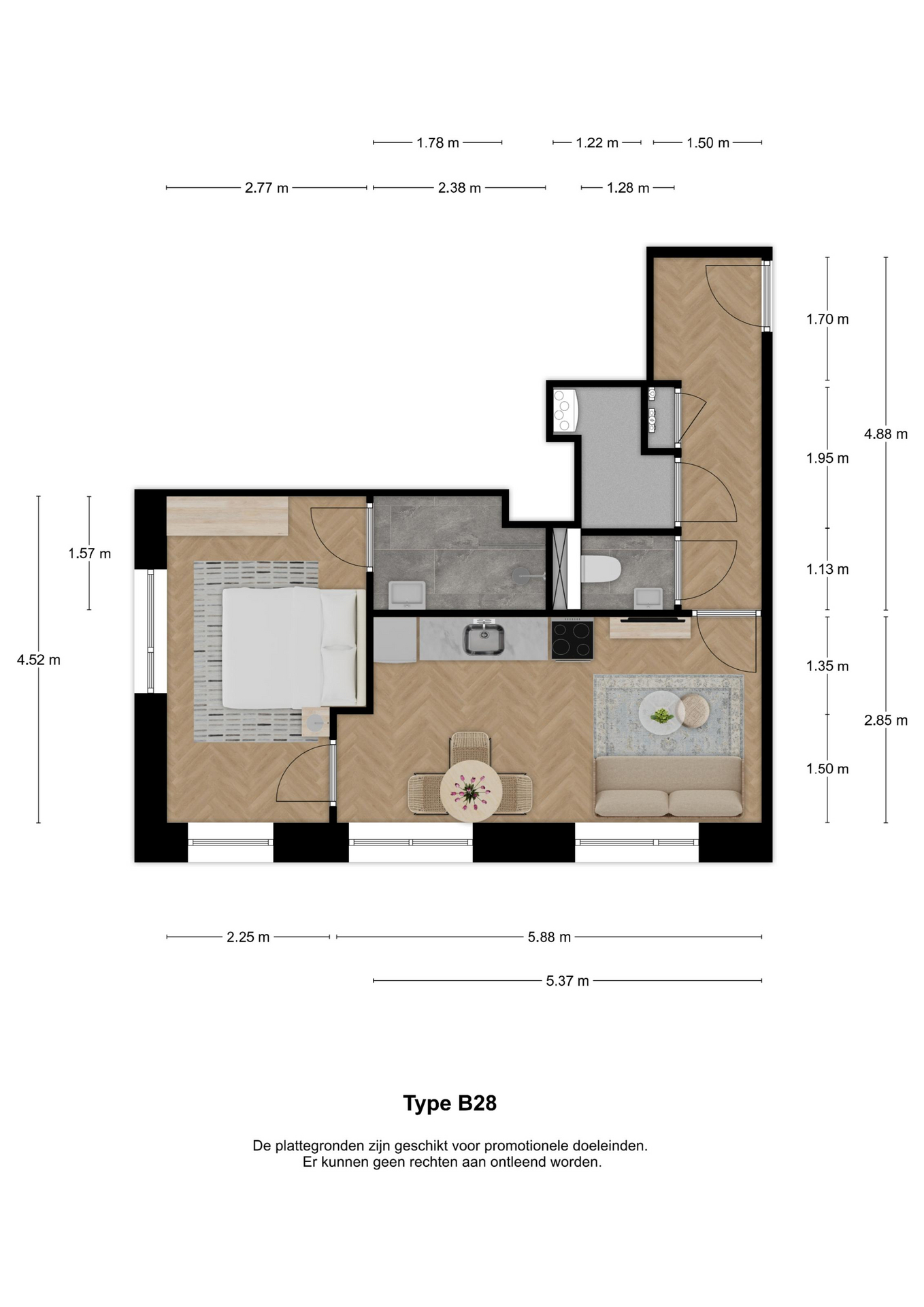 Voorbeeldplattegrond 2-kamerwoning type B28