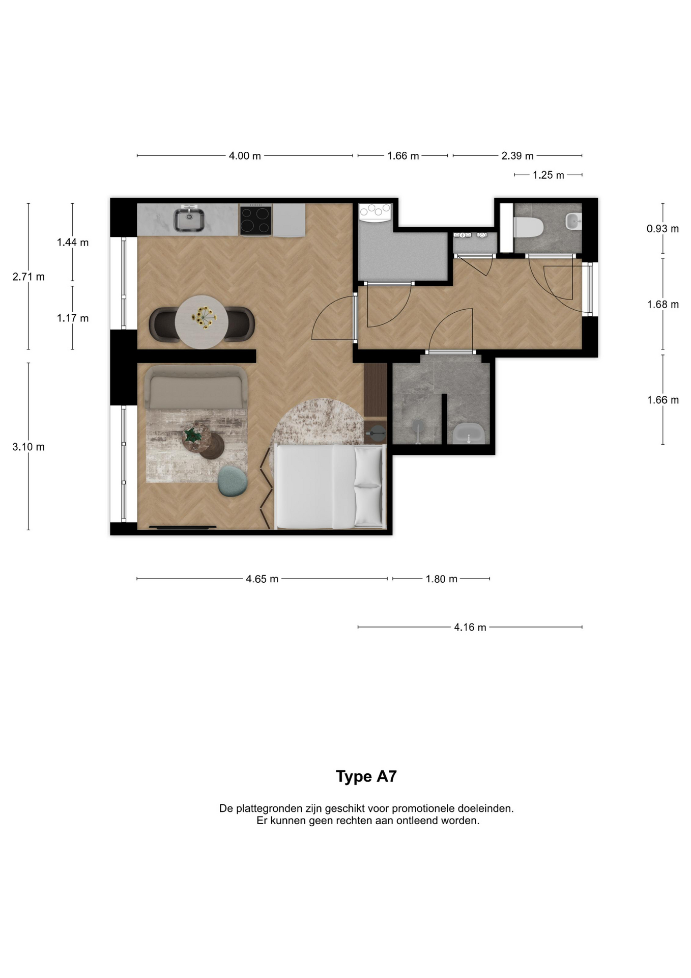 Voorbeeldplattegrond 1-kamerwoning type A7