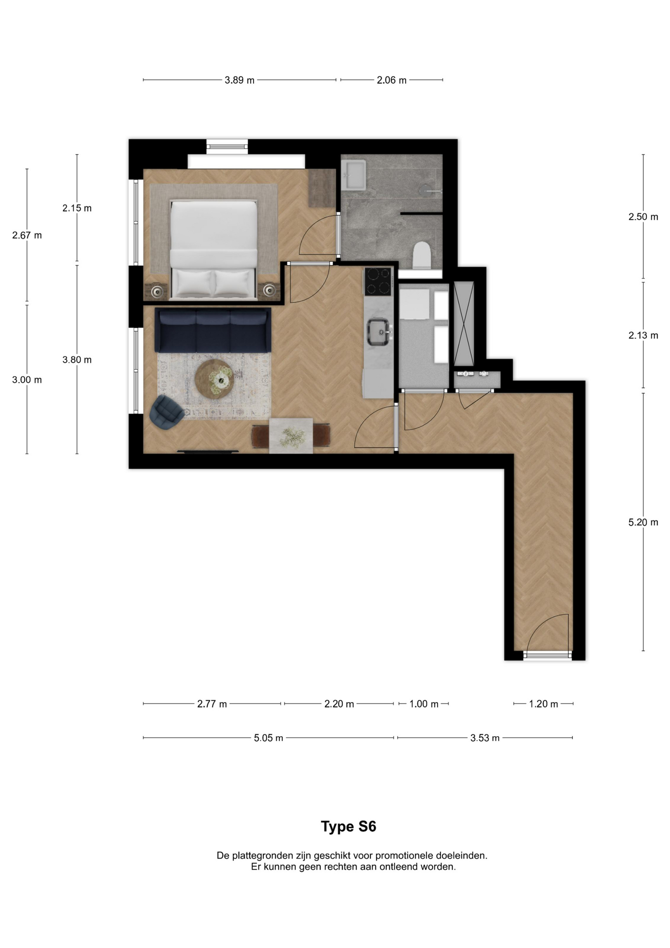 Voorbeeldplattegrond 2-kamerwoning type S6