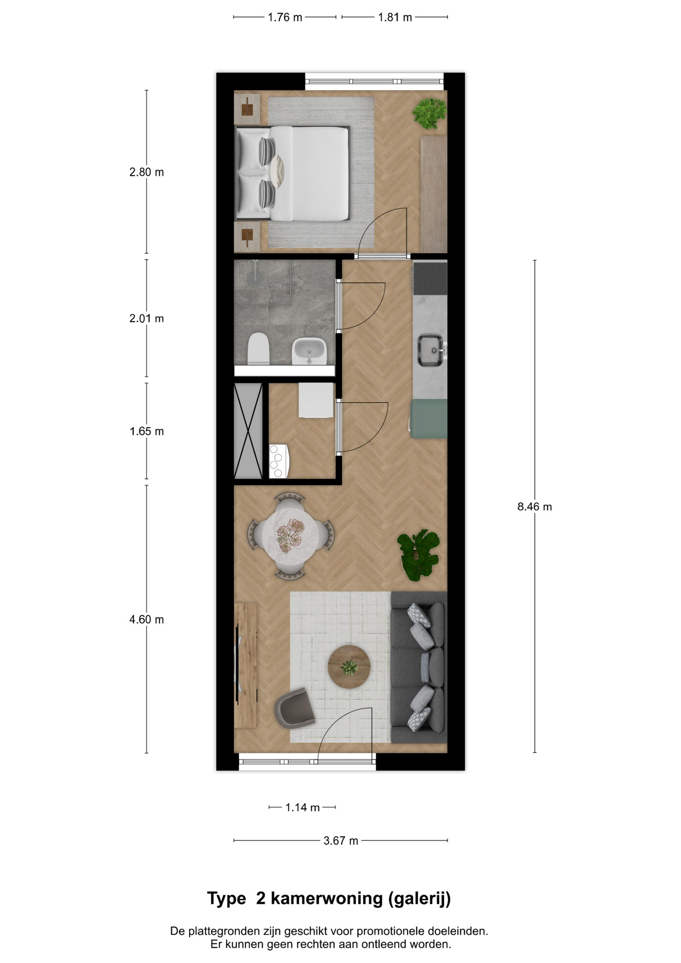 Voorbeeldplattegrond van een tweekamerwoning in woongebouwen Kopbal, Tackle en Redding