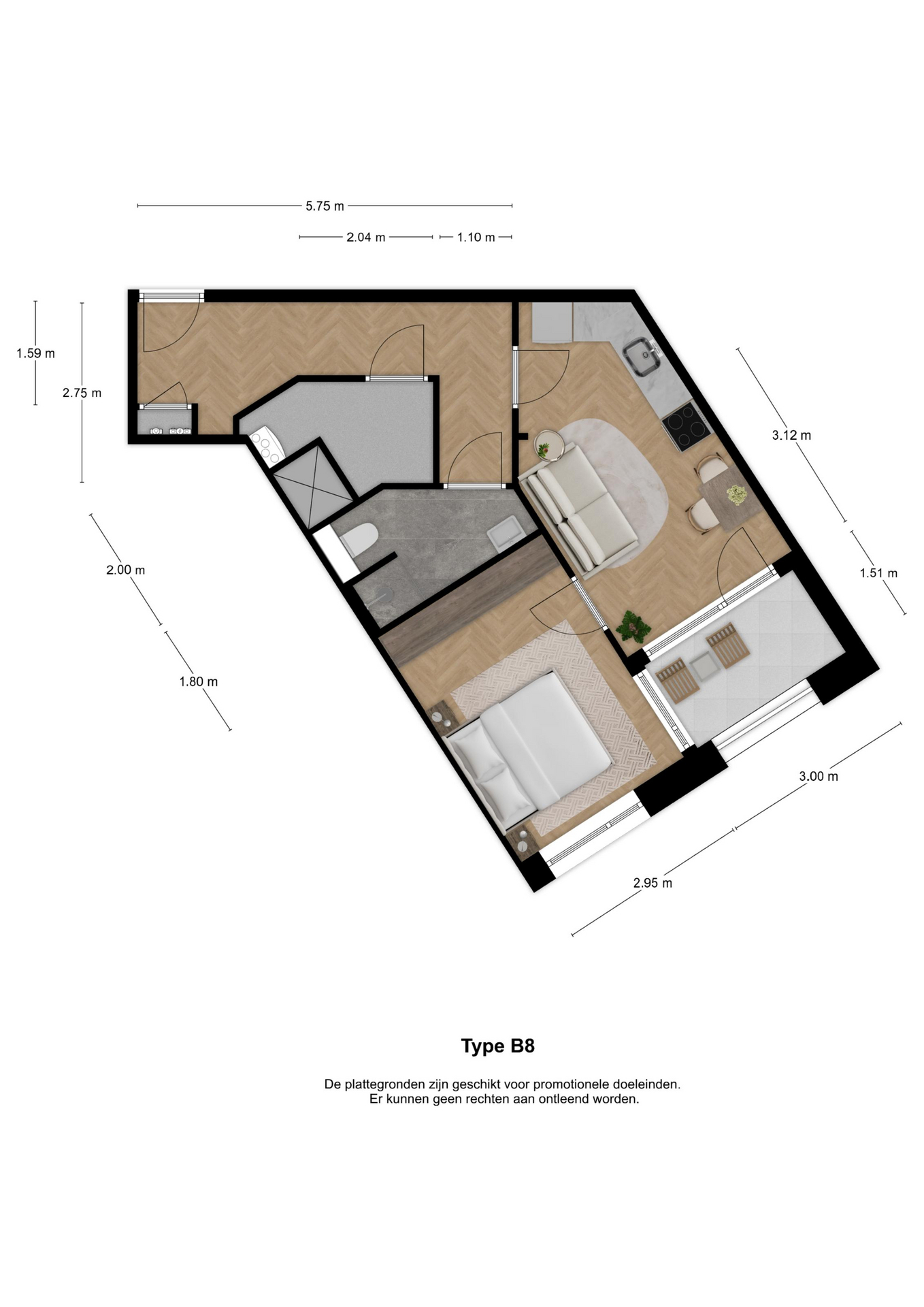 Voorbeeldplattegrond 2-kamerwoning type B8