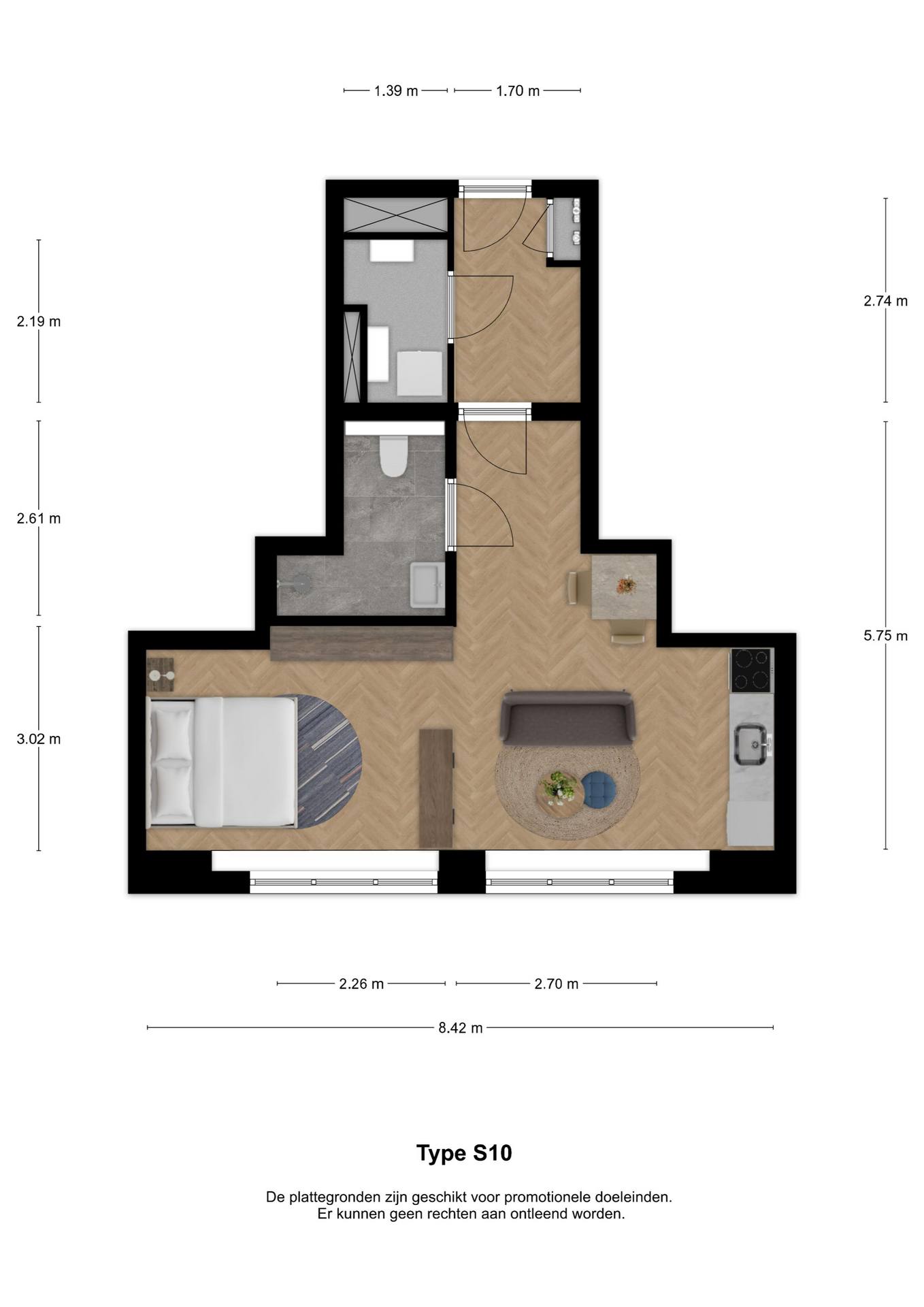 Voorbeeldplattegrond 1-kamerwoning type S10