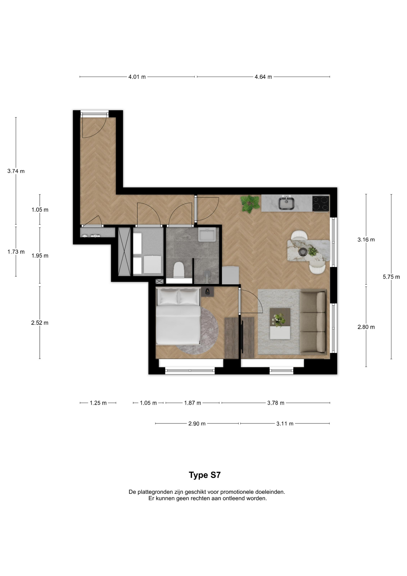 Voorbeeldplattegrond 2-kamerwoning type S7