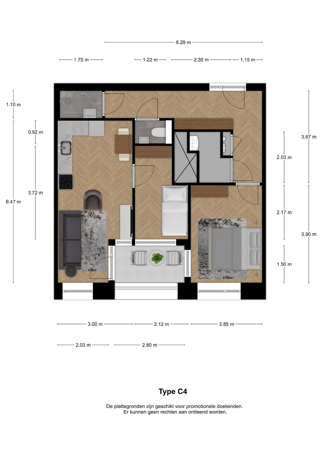 Voorbeeldplattegrond 3-kamerwoning type C4