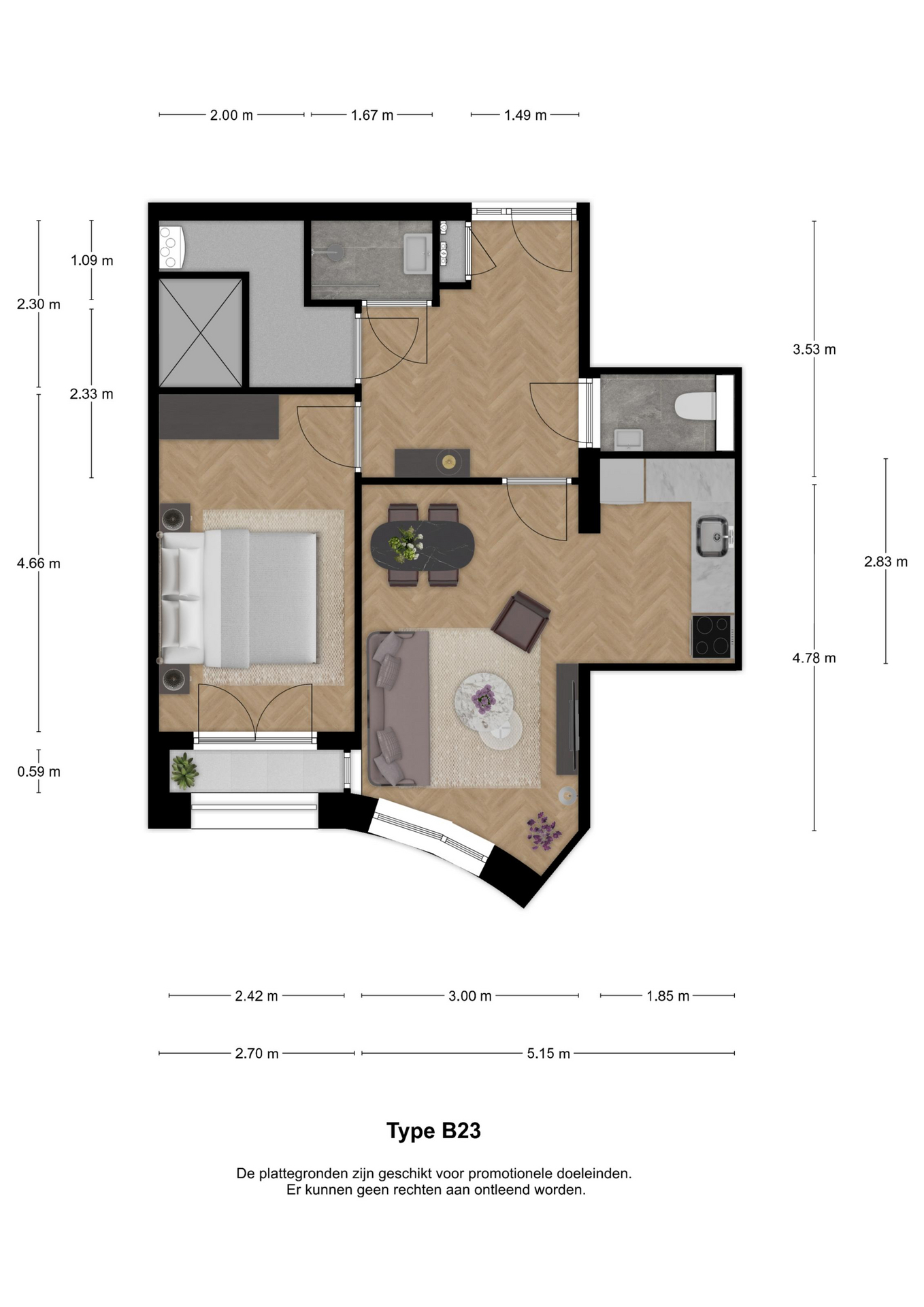 Voorbeeldplattegrond 2-kamerwoning type B23