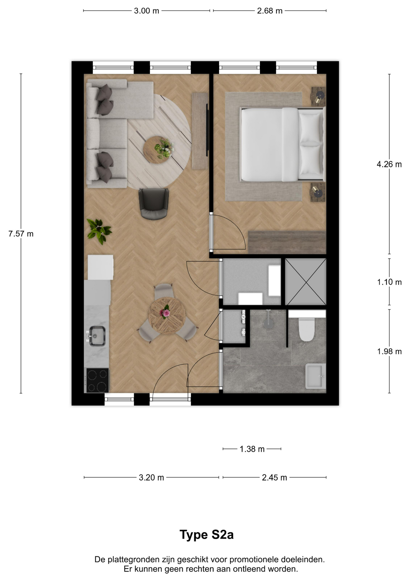 Voorbeeldplattegrond 2-kamerwoning type S2A