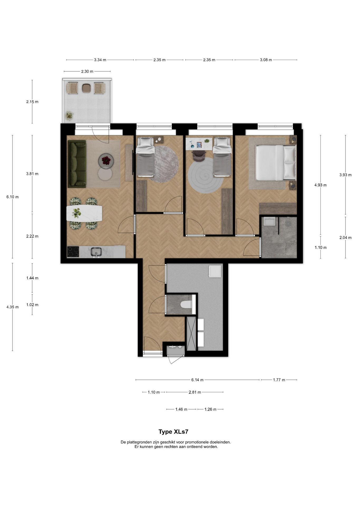 Voorbeeldplattegrond 3-kamerwoning type XLs7