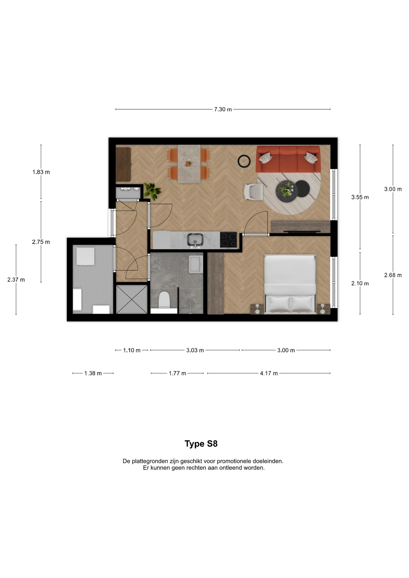 Voorbeeldplattegrond 2-kamerwoning type S8