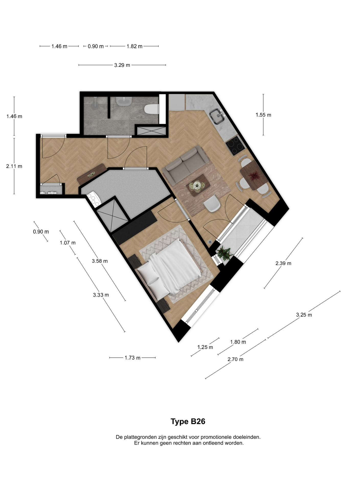 Voorbeeldplattegrond 2-kamerwoning type B26
