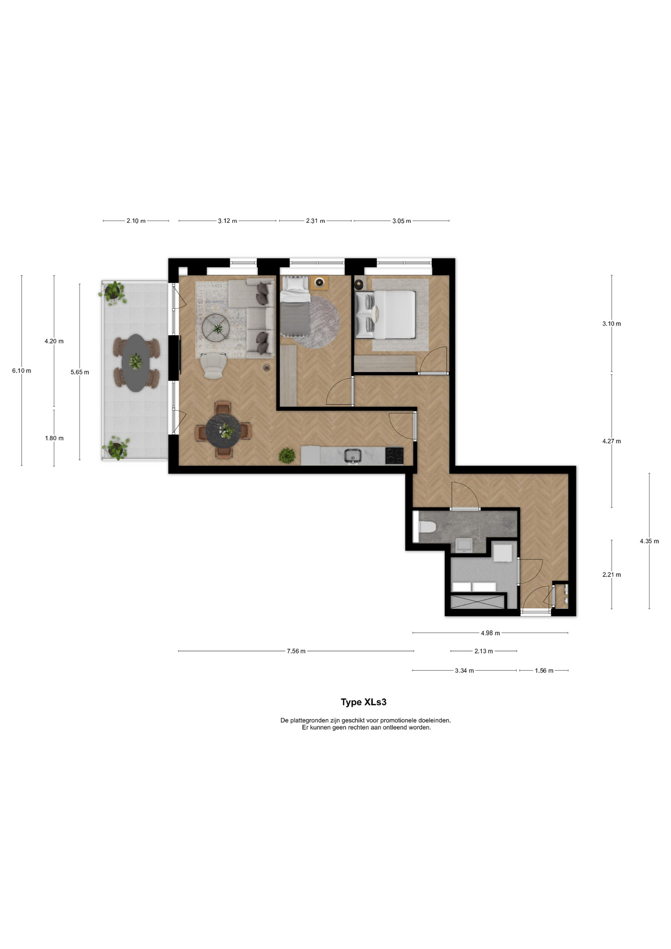 Voorbeeldplattegrond 3-kamerwoning type XLs3