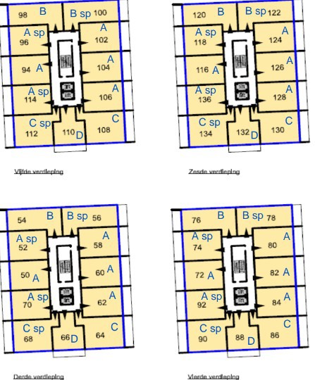 Overzichtsplaatje van de 3e t/m 6e verdieping
