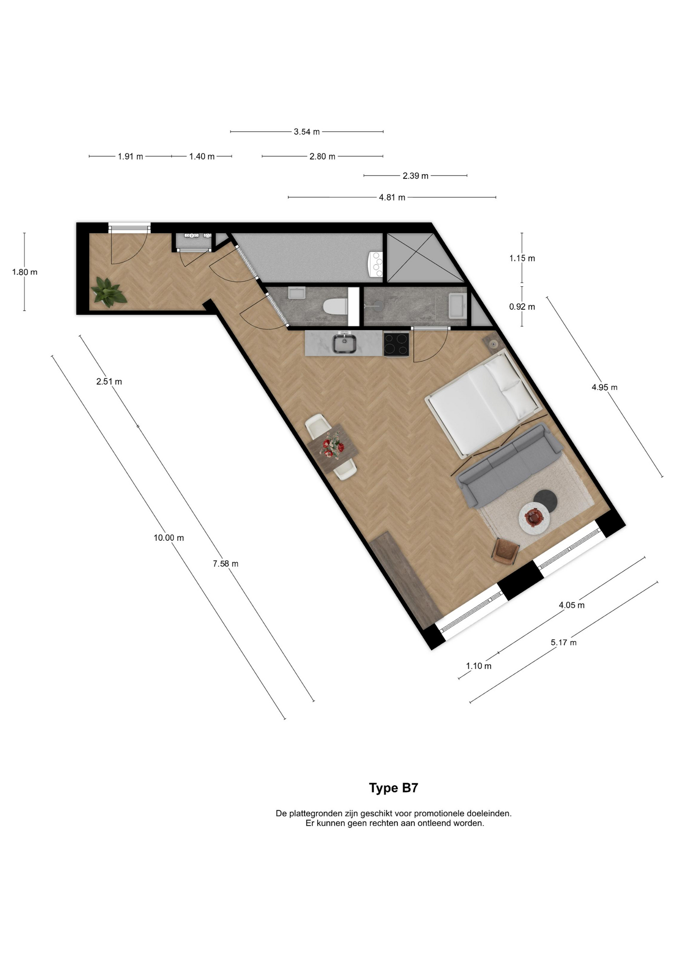 Voorbeeldplattegrond 1-kamerwoning type B7