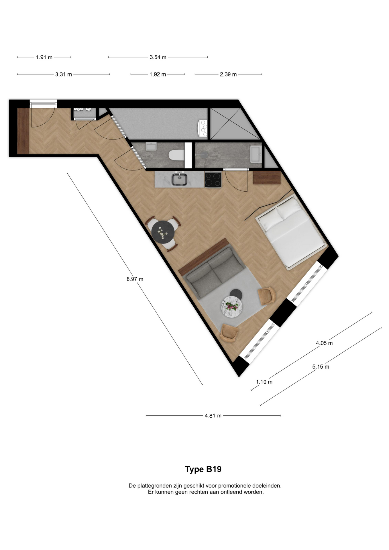 Voorbeeldplattegrond 1-kamerwoning type B19
