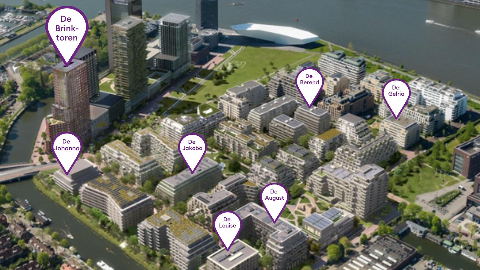 Overhoeks vanuit de lucht, met onze woongebouwen