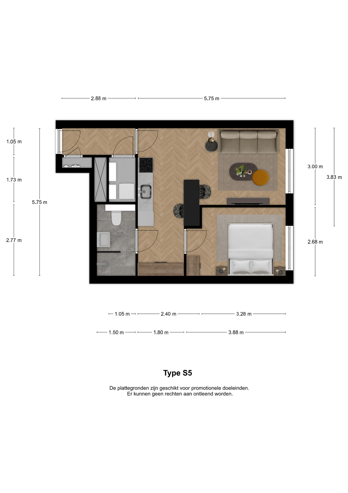 Voorbeeldplattegrond 2-kamerwoning type S5
