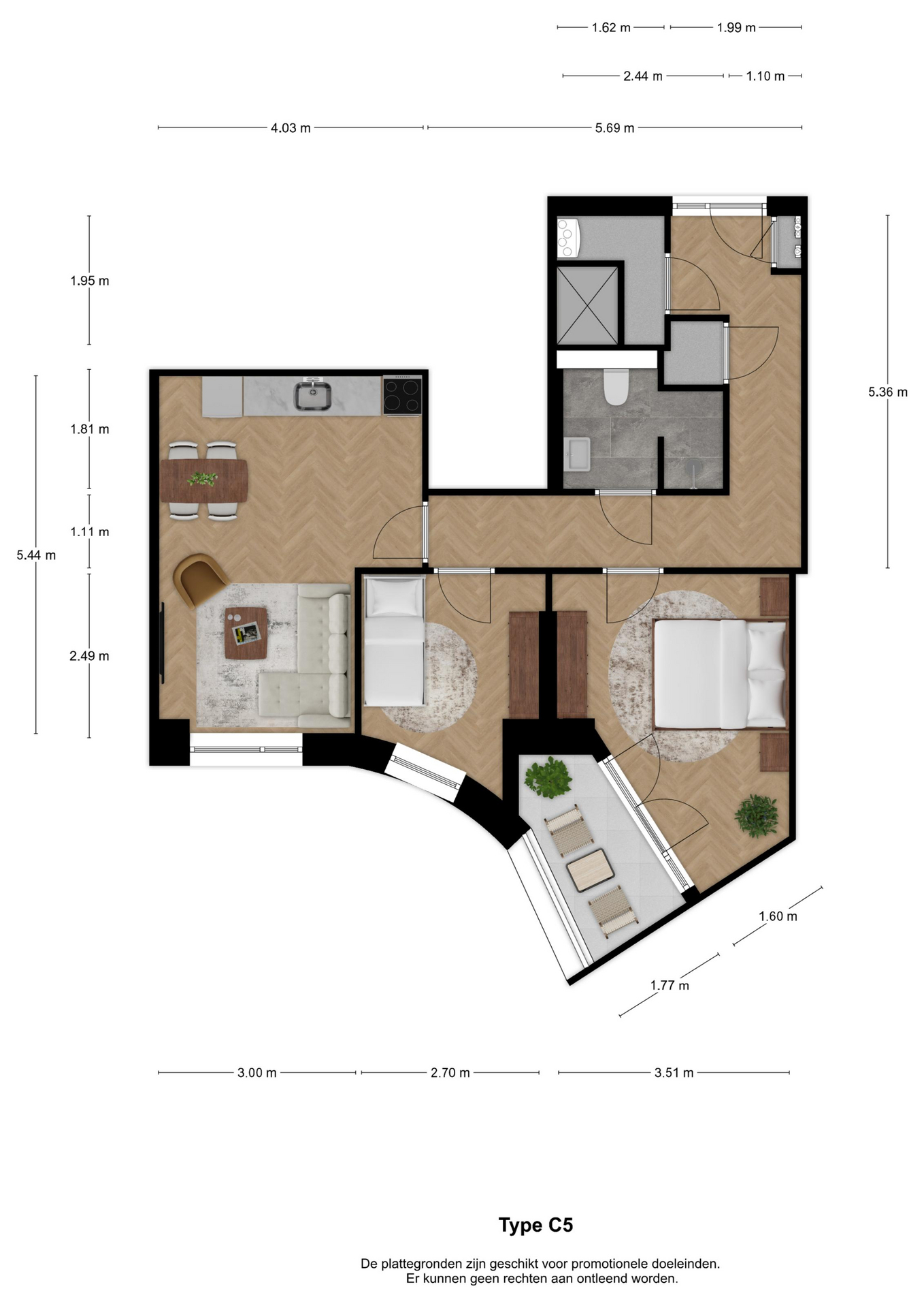 Voorbeeldplattegrond 3-kamerwoning type C5