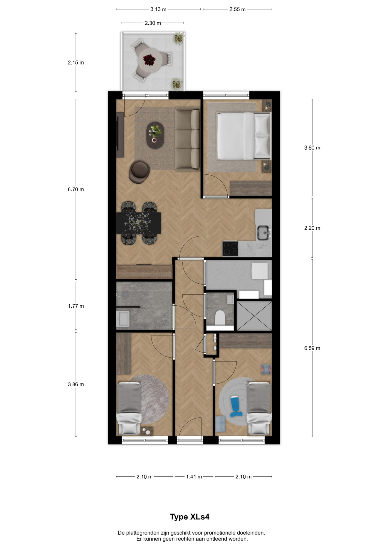 Voorbeeldplattegrond 3-kamerwoning type XLs4